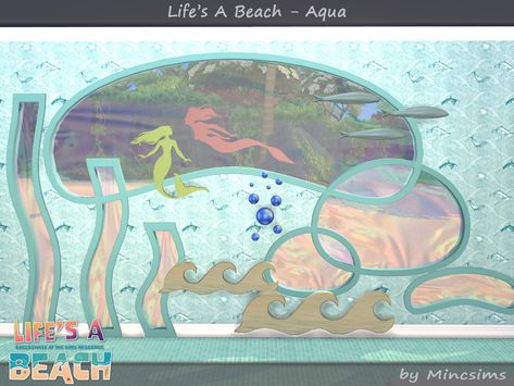 The Sims Resource - Life's A Beach - Aqua Set Sims 4 Mermaid Bedroom, Sea Wall Decor, Sims 4 Cas Mods, Cc Furniture, Casas The Sims 4, 4 Wallpaper, Sims 4 Toddler, Sims 4 Downloads, Mermaid Decor