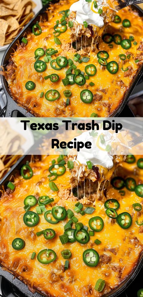 Enjoy Texas Trash Dip: Creamy, cheesy, and spiced to perfection. Perfect for any occasion! Texas Appetizer Recipes, Bacon Jalapeño Texas Trash Dip, Meaty Texas Trash Dip, Texas Trash Dip Recipe, Trash Dip Recipe, Texas Trash Dip, Texas Trash, Mexican Dips, Spicy Tacos