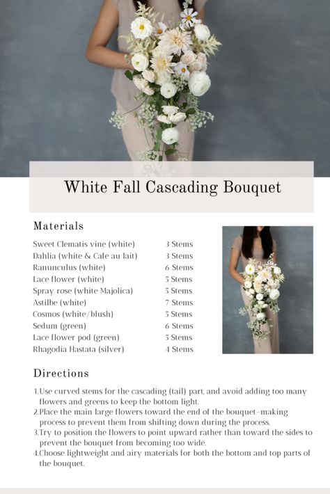 Bouquet recipe for a loose and airy hand-tied white cascading bouquet with white Dahlias, Cafe au lait Dahlias, white Cosmos, white Spray roses, white Ranunculus, white Lace flowers, white Astilbes, and white Sweet Clematis vines. Free training video for this bouquet is available from kokoflora.com 🙂 White Cascading Bridal Bouquet, Cascade Wedding Bouquet White, All White Cascading Bouquet, White Cosmos Bridal Bouquet, White Orchid Bouquet Cascading, Bouquet Recipe, White Clematis, Floristry Design, White Spray Roses