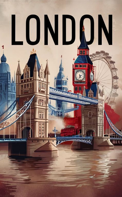 London Dreams, The London Eye, London Vintage, London Poster, Transportation Theme, London Aesthetic, Vintage Travel Poster, London Bridge, Vintage London