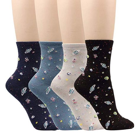 4 Pairs Space Women Galaxy The Universe Crew Socks Cotton Casual For Teenagers (4pairs - Space Socks II) Space Clothing, Space Women, Space Socks, Socks Cotton, Comfy Socks, Women Socks, Big Girl, Cool Socks, Casual Socks