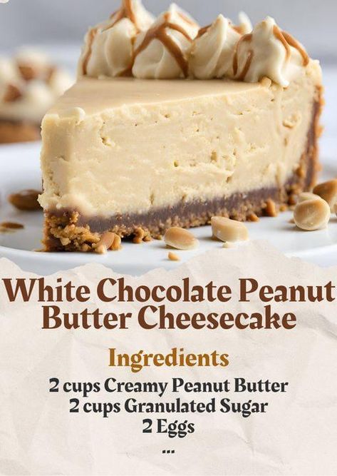 ￼ White Chocolate Peanut Butter Cheesecake Decadent White Chocolate Peanut Butter Cheesecake Delight Ingredients: For Peanut Butter Blondie Crust: 2 cups Creamy Peanut Butter 2 cups Granulated Sugar 2 Eggs For White Chocolate Peanut Butter Cheesecake: 12 ounces Reduced Fat Cream Cheese, Softened 1 1/2 cups Creamy Peanut Butter 2 1/2 cups Powdered Sugar 18-ounce container Whipped Topping, Thawed 2 4-ounce packages White Baking Chocolate, Melted and cooled 1 12-ounce bag Miniature Reese's White Chocolate Peanut Butter Cups, Unwrapped, whole For Topping: 1 12-ounce bag Miniature Reese's White Chocolate Peanut Butter Cups, Unwrapped, coarsely chopped 1/4 cup Creamy Peanut Butter 2 ounces White Baking Chocolate, Melted  Directions: For Peanut Butter Blondie Crust: Preheat oven to 325°F large bo Peanut Butter Blondie, Cheesecake Delight, Decadent Cheesecake, White Chocolate Peanut Butter, Cheesecake Bites Recipe, Chocolate Peanut Butter Cheesecake, Cheesecake Recipes Classic, Peanut Butter Cheesecake, Cheesecake Desserts