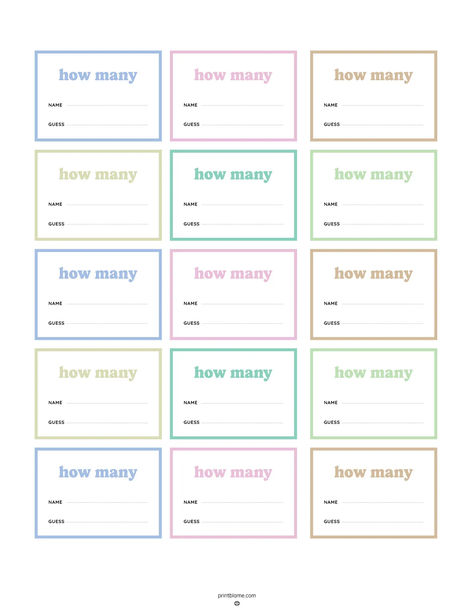 Guess How Many template printables with multiple cards, each labeled "how many" and including fields for name and guess. Free Printable Guess How Many Candies, How Many Candies In The Jar Game, Guessing Jar, Candy Guessing Game, Sign In Sheet, Classroom Activity, Grade Book, Teacher Printable, Organization Printables