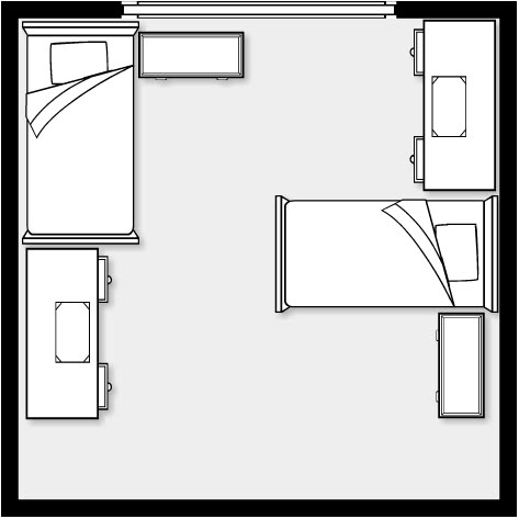 Dorm layout idea 14' X 14' College Dorm Layout Ideas, Dorm Layout Ideas Double, Dormitory Layout, Small Dorm Room Ideas Layout Double, College Apartment Bedrooms, Budget Dorm Room, Dorm List, Dorm Layout, Dorm Room Layouts