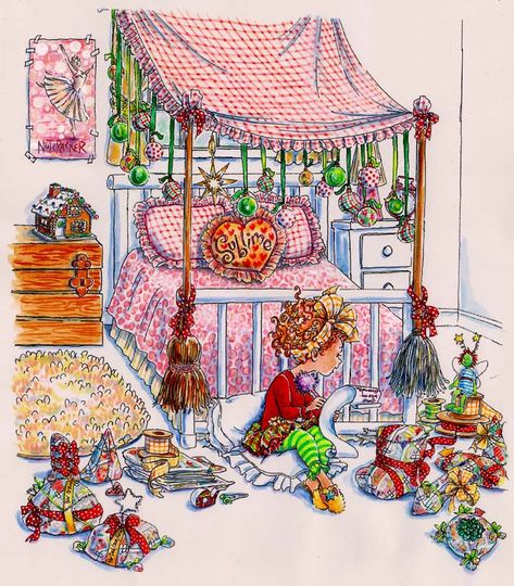 "Wrapping all the Presents" Original watercolor illustration from Fancy Nancy, Splendiferous Christmas written by Jane O’Connor, illustrated by Robin Preiss Glasser | R. Michelson Galleries or rmichelson.com Fancy Nancy Bedroom Ideas, Fancy Nancy Illustration, Fancy Nancy Bedroom, Fancy Nancy Wallpaper, Fancy Nancy Room, Fancy Nancy Tattoo, Fancy Nancy Aesthetic, Fancy Nancy Christmas, Nostalgic Drawings