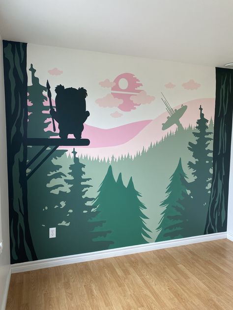 Star Wars Bedroom Wallpaper, Star Wars Baby Room Mural, Star Wars Themed Nursery Girl, Boho Star Wars Room, Starwars Nursery Mural, Star Wars Mural Diy, Starwars Theme Room, Boy Star Wars Nursery, Endor Themed Room