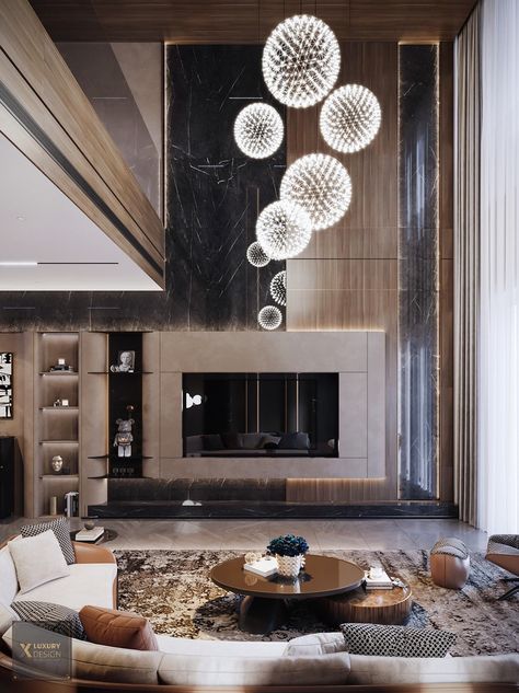 Double Height Living Room Chandelier, Minimalist Double Height Living Room, Tv Wall Double Height, Tv Unit Double Height Wall, Interior Neoclassic, Double Height Lobby, Penthouse Ideas, Double Height Living Room, Hall Designs