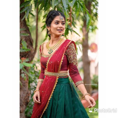 Anju Shankar Design Studio on Instagram: “@one_pitch_catch in a green and maroon silk half sari by @anjushankarofficial ✨ . . Shot by @maheshwarun.photography Mua @artistrybyolivia…” Half Sari, Silk Half Saree, Half Saree Lehenga, Saree Lehenga, South Indian Wedding, Women Blouse, Half Saree, Lehenga Choli, Indian Wedding