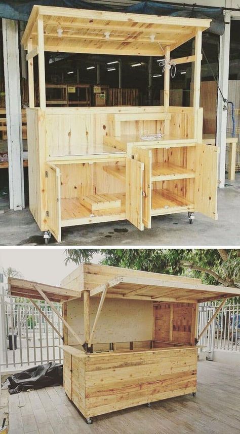 Pallet Storage, Outside Bars, Bar Exterior, Food Cart Design, Pallet Project, Wooden Pallet Furniture, Cafe Shop Design, Backyard Bar, Kiosk Design