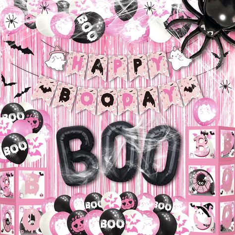 PRICES MAY VARY. Pink Halloween Set: Elevate your pink Halloween birthday party with our all-inclusive package, featuring 1* "Happy Boo Day" banner, 48*pink, black, and white balloons with boo ghost and bat logos(30*12in, 18*10in), 2*pink Metallic Tinsel Foil Fringe Curtains, 3*black "BOO" balloons, 1*big spider balloons, 24*Black Bats wall stickers, 2*spider web decor, 3*pink balloon boxes, 16*boxes stickers. Material: Our happy birthday Halloween theme party balloons are made of high-quality l Halloween Party Pink And Black, Pink Halloween Birthday Party Decor, Black And Pink Halloween Decorations, Spooky Themed Birthday Party, Pink Halloween Party Decor, Halloween Kickback, Pink And Black Birthday Party Decoration, Pink And Black Halloween Decor, Pink Backdrop Ideas