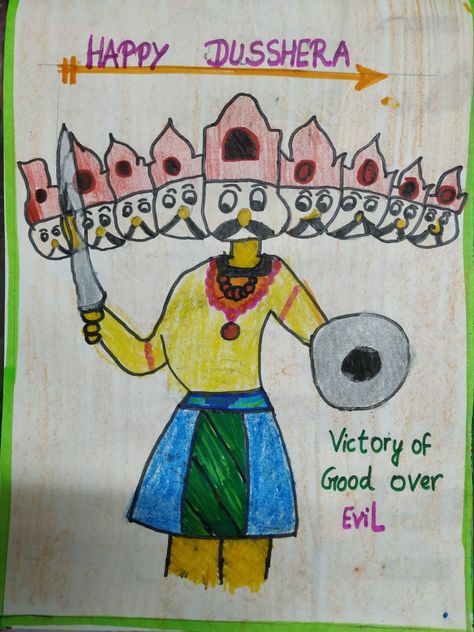 Easy drawing of Ravana for kids.Happy Dusshera. Ravana Drawing Easy, Dusshera Crafts For Kids, Ravana Drawing, Happy Dusshera, Drawing Competition, Simple Drawings, Durga Painting, Scene Drawing, Diwali Craft