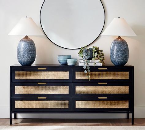 Dressers, Chests & Chests of Drawers | Pottery Barn Cane Weaving, Extra Wide Dresser, Wide Dresser, Dovetail Joinery, Chests Of Drawers, Ceramic Table Lamp, 6 Drawer Dresser, Dressers And Chests, Pottery Barn Teen