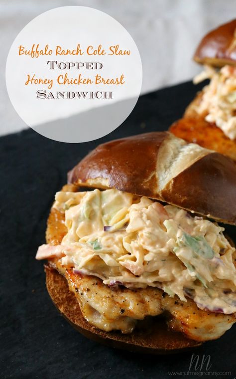 Sandwich On Pretzel Bun, Ranch Coleslaw, Yogurt Ranch, Pretzel Buns, Sandwich Easy, Sandwich Lunch, Pretzel Bun, Buffalo Ranch, Slaw Recipe