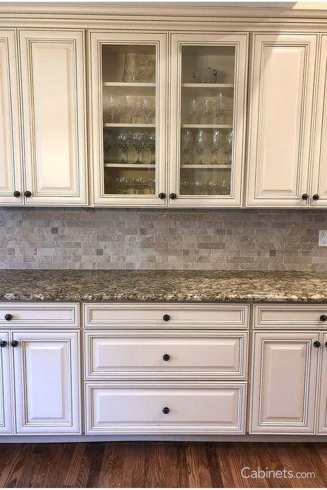 Faux Painting Kitchen Cabinets, Cream Cabinets With Glaze, White Rustic Cabinets, Cream Colored Kitchen Cabinets With Butcher Block Counters, Glazed Cabinets Kitchen Cream, Sw Antique White Cabinets, Distressed White Cabinets, Antique Beige Kitchen Cabinets, Kitchens With Off White Cabinets