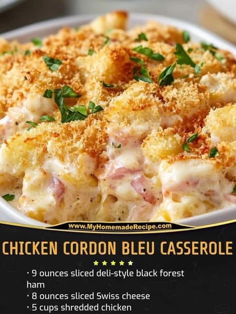 Best Chicken Cordon Bleu Casserole, Cordon Bleu Casserole, Black Forest Ham, Chicken Cordon Bleu Casserole, Chicken Crockpot Recipes Easy, Grandma's Recipes, Creamy Macaroni And Cheese, Tummy Yummy, Chicken Cordon