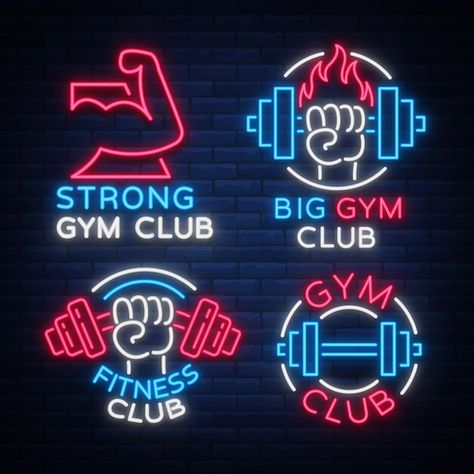 Flat Logo Design, Gym Club, Logo Design Health, Sports Hall, Diy Gym, Neon Style, Gym Logo, Text Logo Design, Fitness Logo Design