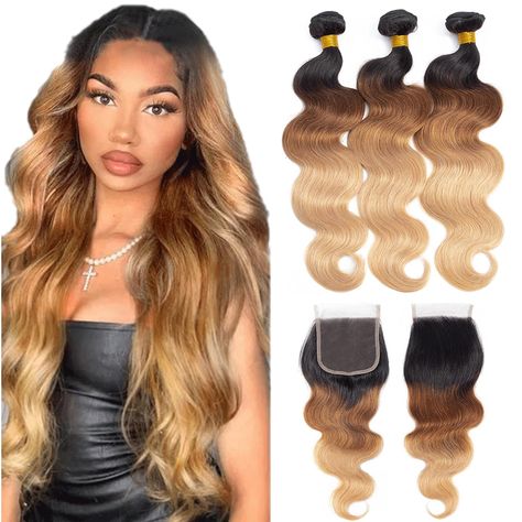 PRICES MAY VARY. Hair Material:12A Grade Ombre Brazilian Body Wave Bundles with 4×4 Lace Closure Closure,100% Unprocessed Ombre Virgin Remy Human Hair Weave. Hair Bundles:95-100g/Bundle(3.3oz-3.5oz/bundle)Full Weight and True to length ;Full Cuticle Aligned,High elasticity & Bouncy,Tight & Neat;longer size will look thinner and 3-5 Bundles are necessary for a full head. Lace Closure: 4X4Inch Head Woven Area ,Body Wave Ombre 4×4 Lace Closure, 40g-60g/pc, Middle Part, Medium Brown Swiss Lace,150% Remy Human Hair Weave, Ombre Hair Blonde, Virgin Hair Bundles, Bundles With Closure, Hair Brands, Brazilian Body Wave, Hair Starting, Skin Complexion, Body Wave Hair