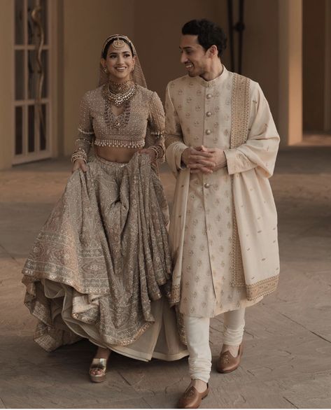 Indian Wedding Couple Dress, Trending Sherwani For Groom, Indian Groom Outfit Ideas, Bride Groom Outfits Indian Wedding, Indian Bride And Groom Aesthetic, Men Wedding Photoshoot, Couple Wedding Outfits Indian, Groom Kurta Indian Weddings, Groom Attire Indian