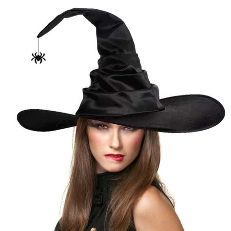 #witch #women #halloween #wizard #hat #spider #pendant #halloweendecor #party #cosplay #party #costume Black Witch Costume, Witch Hats Costume, Black Witch Hat, Wizard Hat, Witch Hats, Halloween Witch Hat, Satin Noir, Holiday Costumes, Halloween Hats