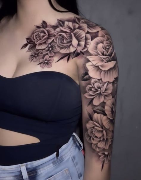 Chest Tattoo Cover Up, Shoulder Cover Up Tattoos, Shoulder Piece Tattoo, Flower Cover Up Tattoos, Matching Bff Tattoos, Tattooed Man, Arm Sleeve Tattoos For Women, Forearm Band Tattoos, Hand Tattoos For Girls