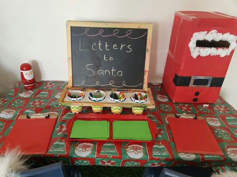 Christmas Wrapping Station Eyfs, Christmas Events For School, Santa Letter Station, Santa Letter Writing Station, School Christmas Fair Stall Ideas, Pta Christmas Fair Ideas, Letters To Santa Station, Santas Workshop Decorations School, Santa Event Ideas