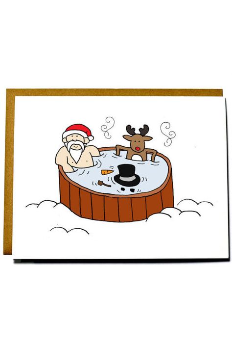 $4  BUY NOW  Fill in friends and family alike on the comical reality of what would happen if Santa, Rudolph and a snowman all hung out in a hot tub (poor Frosty). Funny Christmas Drawings, Christmas Cards For Mom, Funny Card Ideas, Funny Christmas Cards Diy, Christmas Cards Cute, Christmas Cards Funny, Christmas Humor Ecards, Christmas Card Sayings, Cute Christmas Cards