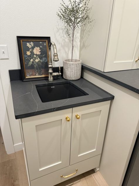 Laundry Room Before and After - Chelsey Freng Laundry Room With Black Countertop, Laundry Room Black Countertops, Black Laundry Room Cabinets, Butcher Block Laundry Room, Laundry Room Countertop, Dark Counters, Laundry Cabinets, Black Countertops, Laundry Room Cabinets