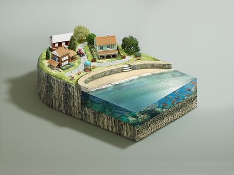 3d Island, Cube World, Bookshelf Art, Surreal Photos, Isometric Art, Low Poly Art, Artistic Installation, Mini Figurine, Epoxy Resin Art