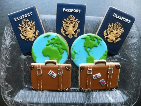 (1) Passport Cookies, Suitcase Cookies, Map of the... - NY Cookies By Victoria Travel Cookies, Birthday Ideas For Girls, Travel Baby Shower Theme, Travel Baby Showers, Travel Party Theme, World Party, בר מצווה, Fancy Cookies, Creative Cookies