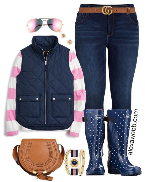 Plus Size Preppy Fall Outfit - Alexa Webb Plus Size Preppy Outfits Fall, Plus Size Preppy Outfits, Plus Size Preppy, Wide Calf Rain Boots, Rainboots Outfit, Short Plus Size Fashion, Rain Boot Outfit, Preppy Mode, Adrette Outfits