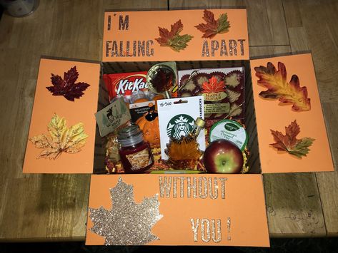 Diy Fall Basket Ideas, Fall Deployment Care Package, Fall Theme Care Package, College Box Care Packages Fall, Autumn Care Package, Thanksgiving College Care Package, September Care Package College, Fall Care Package Ideas For College, Fall Care Package Ideas