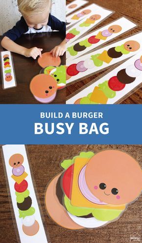 Keep your little one occupied this winter by making this Build a Burger Busy Bag! Check out the free printable to make this adorable project for your kids. Build A Burger, Quiet Time Activities, Busy Boxes, Teachable Moments, Busy Bags, Busy Toddler, Toddler Learning Activities, Preschool Learning Activities, Preschool Classroom