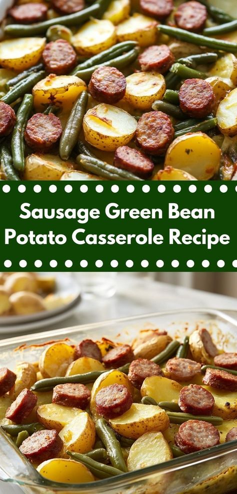 Need a family-friendly recipe? Discover this Sausage Green Bean Potato Casserole, an easy casserole that combines wholesome ingredients for a nutritious meal. It’s sure to please even the pickiest eaters at your table. Sausage Green Bean Potato Casserole, Green Bean Potato Casserole, Sausage And Green Beans, Yummy Casserole Recipes, Green Beans And Potatoes, Sausage Potatoes, Hearty Casseroles, Sausage Casserole, Potatoe Casserole Recipes