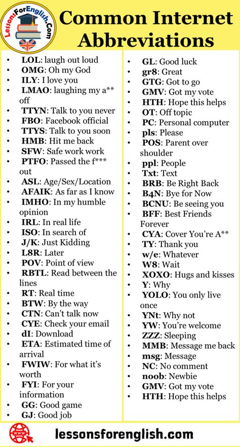 +58 Common Internet Abbreviations List GL: Good luck gr8: Great GTG: Got to go GMV: Got my vote HTH: Hope this helps OT: Off topic PC: Personal computer pls: Please POS: Parent over shoulder ppl: People Txt: Text BRB: Be Right Back B4N: Bye for Now BCNU: Be seeing you BFF: Best Friends Forever CYA: Cover You’re A** TY: Thank you w/e: Whatever W8: Wait XOXO: Hugs and kisses Y: Why YOLO: You only live once YNt: Why not YW: You’re welcome ZZZ: Sleeping MMB: Message me back msg: Message NC: No ... Abbreviations In English Grammar, Note Abbreviations, Word Abbreviations For Notes, Texting Abbreviations In English, Internet Abbreviations, Texting Abbreviations, Text Abbreviations, Internet Slang, Bye For Now