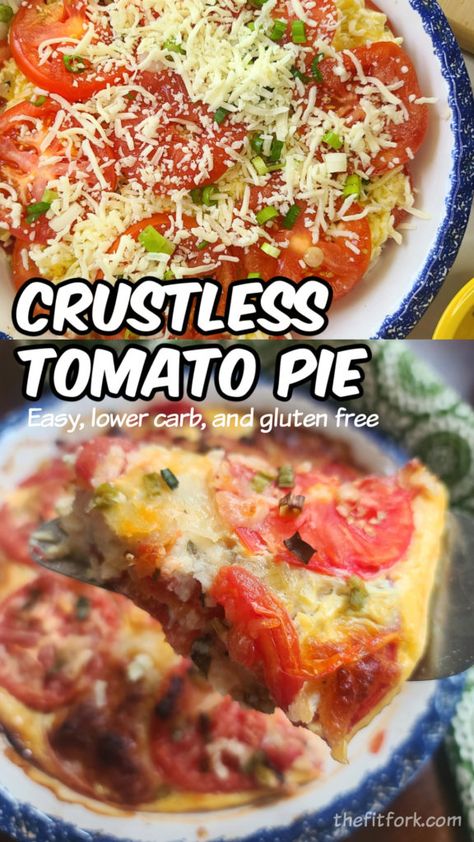 Crustless Tomato Pie: No crust means the intense flavor of vine-ripe tomatoes shines through in this recipe whether you want to call it a pie, tart or casserole. Simple ingredients, lower carb, gluten-free and sure to delight for breakfast, brunch or as a side dish any night. Tomato Tart Gluten Free, Tomato Pie Casserole, No Mayo Tomato Pie, Crust Less Tomato Pie, Crustless Tomato Pie Recipe, Keto Tomato Pie, Low Calorie Tomato Recipes, Keto Tomato Recipes, Eggplant Tomato Pie Recipe