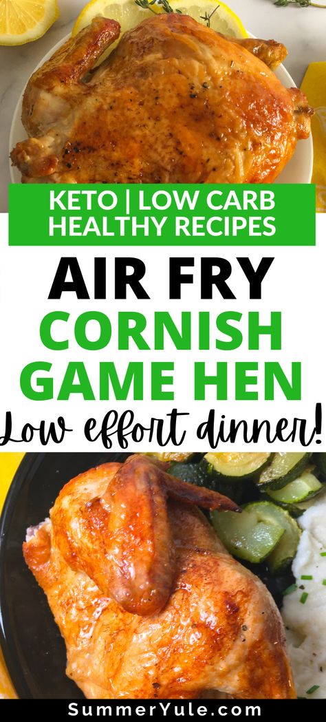 Air Fry Cornish Hens, Cornish Game Hen Recipes Air Fryer, Cornish Hens Air Fryer Rotisserie, Healthy Cornish Hen Recipe, Air Fryer Cornish Hen Recipe, Air Fryer Cornish Hen, Yule Recipes, Low Calorie Vegetables, Cornish Hen Recipe