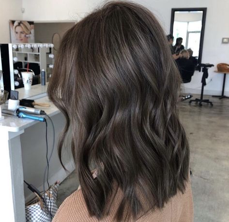 Medium Brown Hair One Color, Ash Brown Hair One Color, Ash Brown Brunette Hair, One Tone Hair Color Ash Brown, All Over Mushroom Brown Hair Color, Dark Brunette Hair Inspiration, Medium Hair Brown Balayage, Brunette Mushroom Hair, Cool Toned Dark Brown Hair With Highlights