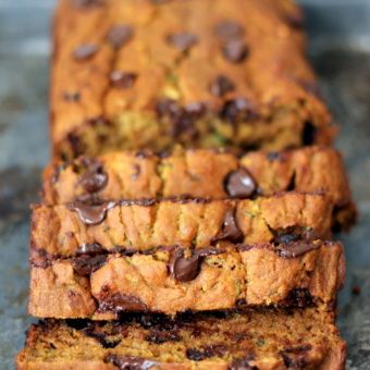 Phenomenal healthy pumpkin zucchini bread naturally sweetened with honey, delicious pumpkin spices, chocolate chips, and made extra moist with zucchini. #pumpkin #pumpkinbread #zucchini #zucchinibread #chocolatechips #healthybaking Pumpkin Waffles Healthy, Pumpkin Zucchini Bread, Chocolate Pumpkin Bread, Pumpkin Zucchini, Pecan Crumble, Healthy Pumpkin Bread, Savory Pumpkin Recipes, Chocolate Chip Bread, Ambitious Kitchen