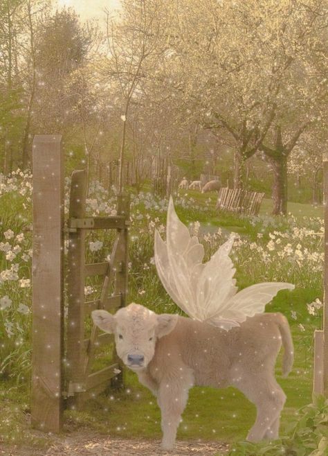 Cute fairy cow in a flower garden