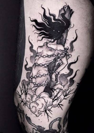 Burning At The Stake, Witch Burning, Kentish Town, Wicked Tattoos, Witch Tattoo, Creepy Tattoos, Spooky Tattoos, Dark Art Tattoo, Dark Tattoo