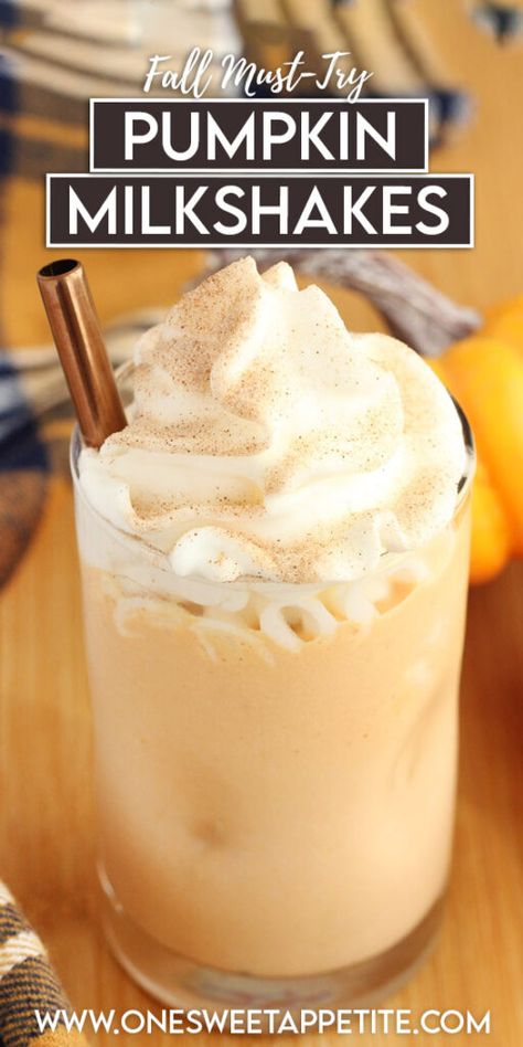 This easy Pumpkin Milkshake is the perfect way to get your fix when it's still too warm for baking. Pumpkin blended with a creamy vanilla ice cream and a surprise mix of graham crackers. The best fall treat. Strawberry Frappuccino Recipe, Pumpkin Milkshake Recipe, Pumpkin Milkshake, Pie Milkshake, Baking Pumpkin, Sherbet Recipes, Pumpkin Ice Cream, Frappuccino Recipe, Easy Pumpkin Pie