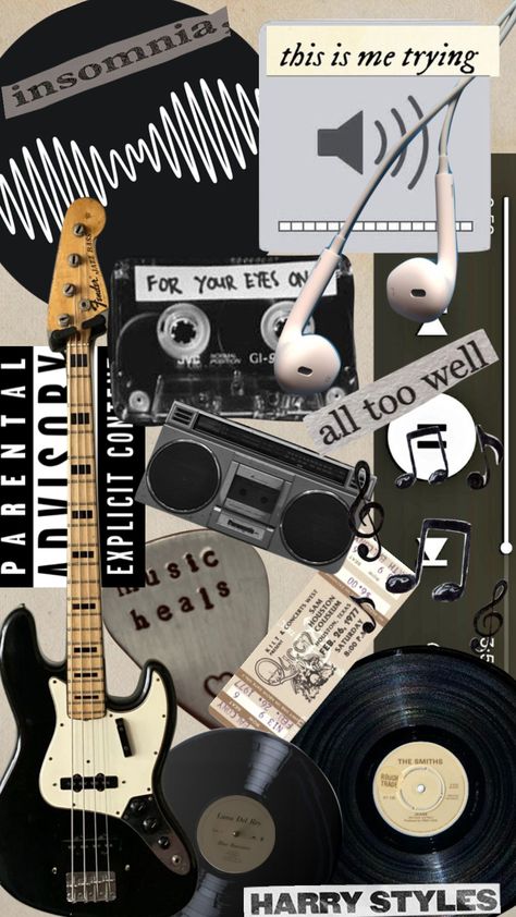 #music #aesthetic #moodboard #collage Retro Music Background, Music Gcse Art, Bass Wallpaper Aesthetic, Song Collage Wallpaper, Pop Music Collage, Musician Moodboard, Music College Aesthetic, Music Pictures Image, Music Scrapbook Ideas