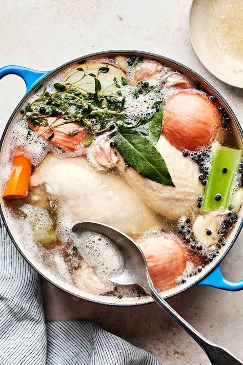 My Perfect-Every-Time Poached Chicken Breasts recipe is the easiest way to make juicy, tender shredded chicken! Gently simmer bone-in, skin-on chicken breasts with aromatic vegetables & herbs until they nearly fall off the bone. It’s the perfect all-purpose shredded chicken for soups, salads, tacos, & more (with a bonus small batch of homemade chicken broth!). An easy one-pot recipe, ready in 35 minutes or less. (Great for meal prep!) #poachedchicken #poachedchickenbreast #chickenbreastrecipes Poached Chicken Breast Recipes, Benefits Of Chicken, Cooking Whole Chicken, Chicken For Dogs, Boiled Chicken, Poached Chicken, Chicken Bones, Stuffed Whole Chicken, Healthy Dog Food Recipes