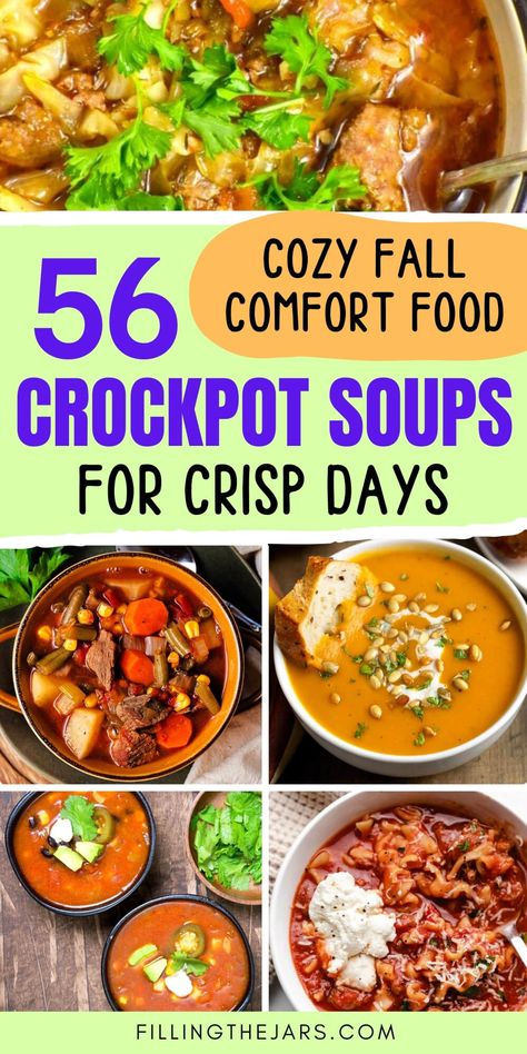 Cozy up with these fall crockpot soups, perfect for easy dinner recipes during the colder months. From crockpot hamburger soup to creamy broccoli and cheese soup, these 56 slow cooker recipes are the ultimate fall soups for the crockpot. Whether you're cooking for the family or meal prepping for the week, these easy soup recipes are ideal for soup lovers who want quick, comforting meals. Soups For The Crockpot, Crockpot Soups For Fall, Fall Crockpot Soups, Crockpot Hamburger Soup, Fall Soups Crockpot, Soups For Fall, Soup Recipes Healthy Crockpot, Broccoli And Cheese Soup, Healthy Crockpot Soup