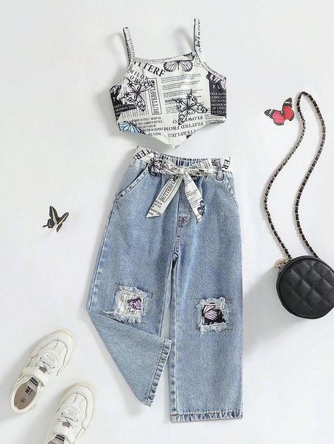 Baby Blue Casual Collar   Colorblock,Letter  Embellished Non-Stretch  Young Girls Clothing Cute Clothes For Ten Year Olds, Hot Cute Outfits, Clothes For 10 Yrs Old, Blue Outfits Summer, Stray Kids Clothes, Preteen Outfits For Girls, Cute Clothes Ideas, Kawaii Fits, Cute 2 Piece Outfits