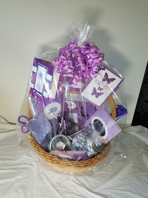 Purple stationary and card basket Gift Basket Ideas Purple, Purple Burr Basket, Purple Gift Basket, Stationary Gift Basket Ideas, Purple Aesthetic Gift Basket, Purple Birthday Gift Baskets, Purple Gift Basket Ideas, Color Themed Gift Baskets Purple, Gift Basket Purple Theme