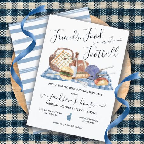 Football Party at home or Tailgate BBQ Beer Shower Invitation - Great Barbecue Hamburger Taco, Tailgate Bbq, Football Party Invitations, Party At Home, Checkered Tablecloth, Friends Food, Party Stationery, The Jacksons, Football Party