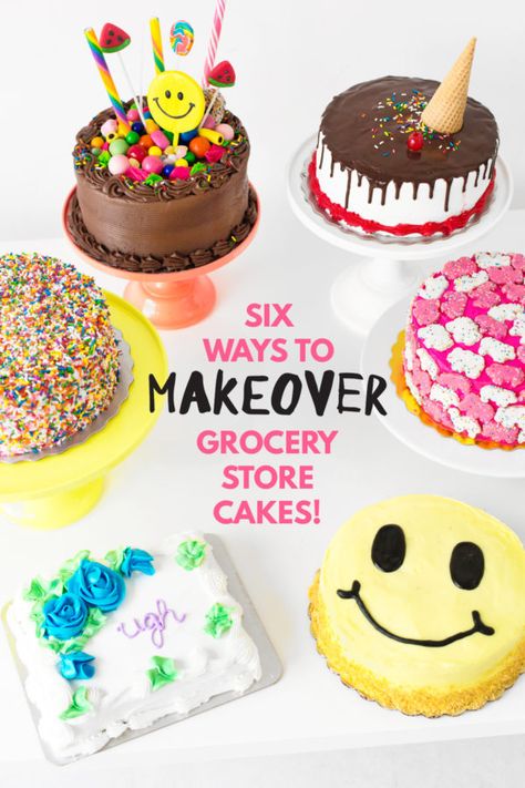 Six Ways to Makeover A Grocery Store Cake | studiodiy.com Grocery Store Cake, Candy Crush Cakes, Costco Cake, Ice Cream Cone Cake, Emoji Cake, Store Bought Frosting, Cake Hacks, Store Bought Cake, Homemade Frosting