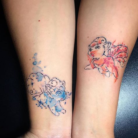 Colour splashed Vulpix & Alolan Vulpix for #Pokemonday #3 thanks to @themanyao Vulpix Pokemon, Partner Tattoos, Slayer Tattoo, Alolan Vulpix, Pokemon Drawing, Small Couple Tattoos, Pokemon Tattoo, Pokemon Wallpaper, Cute Little Tattoos