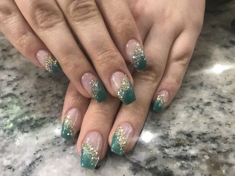 Green Ombre Nails Glitter, Ombre Sns, Teal Sparkle French Tip Nails, Sparkly Green Ombre Nails, Teal Sparkle Nails, Teal Nails Sparkle, Dark Teal Glitter Nails, French Fade Nails, 16 Nails